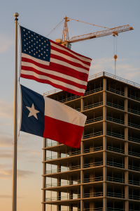 exas land development advocacy – U.S. and Texas flags over commercial construction site