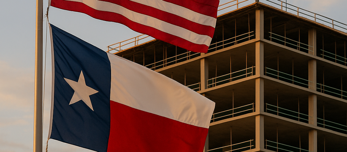 exas land development advocacy – U.S. and Texas flags over commercial construction site